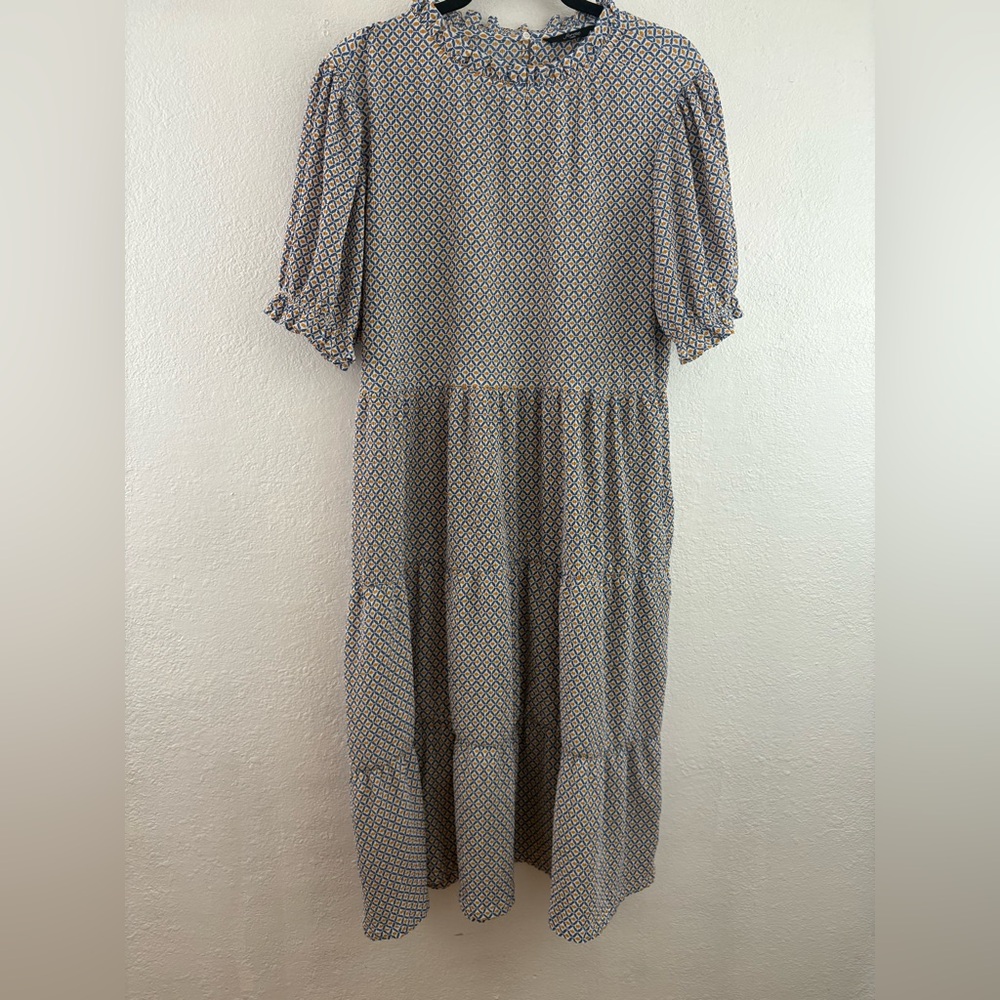 Forme multi-colored midi dress geometric pattern ruffled collar tiered skirt L